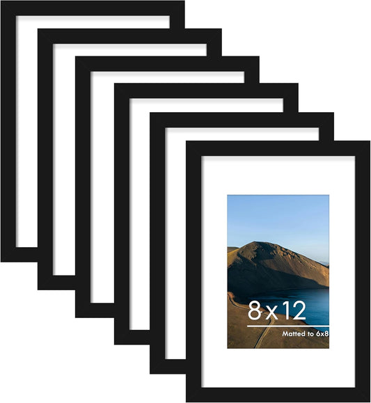 8X12 Picture Frame Set of 6, Display Pictures 6 X 8 with Mat or 8 X 12 without Mat for Wall Mounting or Table Top Display, Photo Frames Collage for Wall Decor, Black