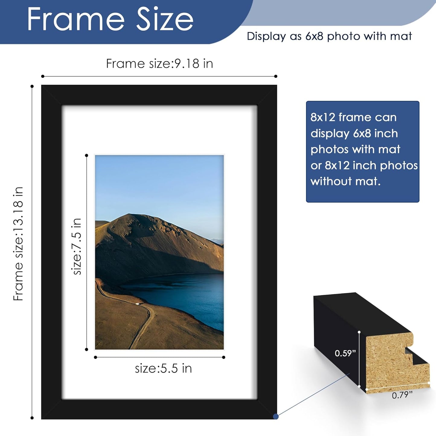 8X12 Picture Frame Set of 6, Display Pictures 6 X 8 with Mat or 8 X 12 without Mat for Wall Mounting or Table Top Display, Photo Frames Collage for Wall Decor, Black